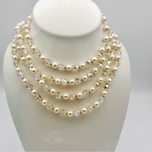 Vintage Multi Strand Aurora Borealis Crystal & Faux Pearl Necklace